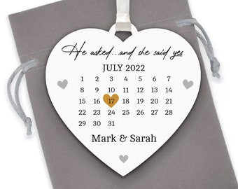 Engagement Day Keepsake, Personalised Calendar with Names, Engagement announcement, Engaged Couple Heart Plaque Ornament, She Said Yes