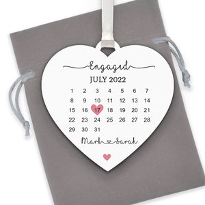 Engagement Day Keepsake, Personalised Calendar with Names, Engagement Announcement, Engaged Couple Wooden Heart Plaque Ornament