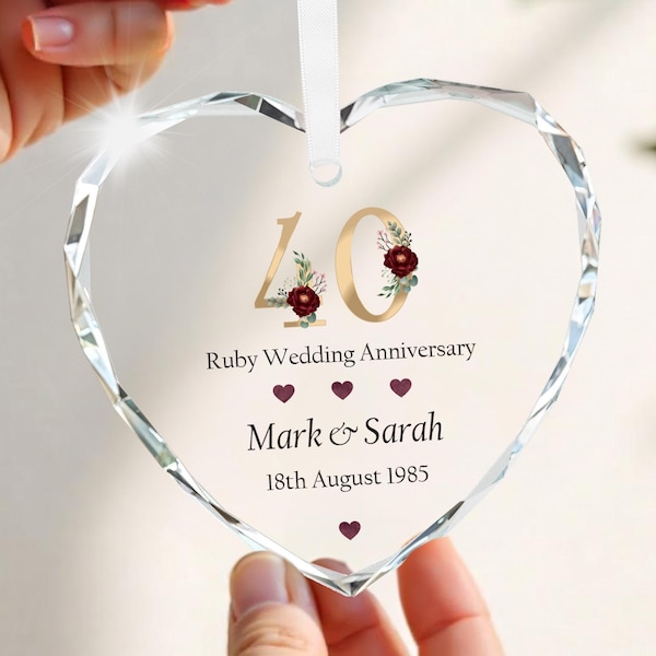 Personalised Ruby Wedding Anniversary Gifts, Crystal Heart Hanging Decoration With Gift Bag