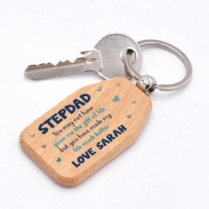 Personalised Stepdad Wooden Keychain Keyring, Fathers Day Stepdad, Stepdad Wedding, Sentimental Keepsake Gift, Step Dad Present Keychain