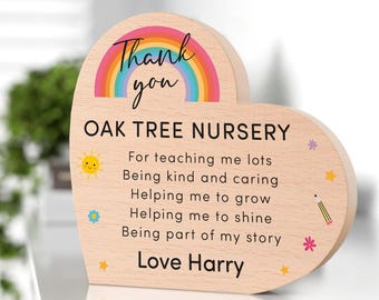 Thank You Nursery Gifts, Personalised Nursery Teacher Gift, Nursery Worker Gifts, Preschool Gifts, Wooden Beech Heart With Grey Bag