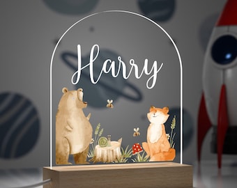 Personalised Woodland Nursery Decor, Woodland Animal Light Lamp, Kids Night Light, Girls Boys Bedroom Nursery Light, Custom Name Lamp