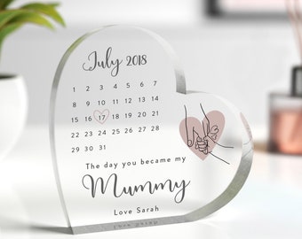 Personalised Day You Became My Mummy Date Heart from Daughter Son, Mother's Day, Birthday, New Mummy Gift, First Mothers Day, With Grey Bag