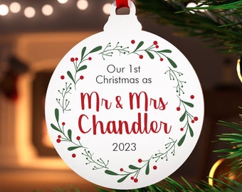 Our First Christmas as Mr and Mrs Personalised Decoration - 1st Xmas as Mr and Mrs Ornaments - Newlywed Husband Wife Married With Red Bag