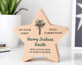 Regalos de Primera Comunión para Niños, Adorno de Estrella de Madera Personalizado con Bolsa Gris