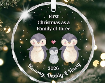 First Christmas as Family of 3 Ornament; Personalised Mummy and Daddy Bauble With Gift Bag