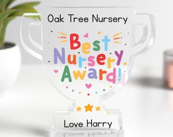 Personalised Nursery Thank You Gift, Clear Acrylic Trophy With Grey Bag