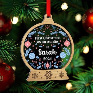 First Christmas As Auntie Bauble | Wooden Christmas Decoration Snowglobe | Personalised Auntie 1st Christmas Ornament Gift | With Red Bag