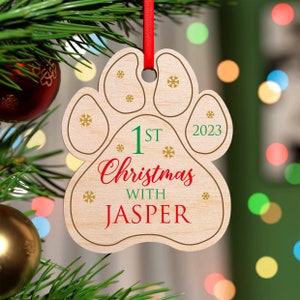 Personalised Puppy's 1st Christmas Wood Pawprint for Dogs, Dogs First Christmas Decoration, Dog Puppy Name Ornament, New Puppy, With Red Bag