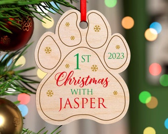 Personalised Puppy's 1st Christmas Wood Pawprint for Dogs, Dogs First Christmas Decoration, Dog Puppy Name Ornament, New Puppy, With Red Bag