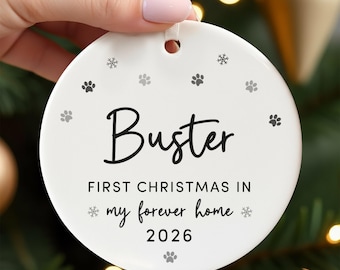 Dogs First Christmas Ornament, Personalised New Puppy Forever Home Bauble With Red Bag