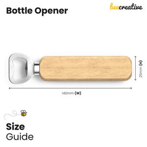 Puede incluir: Un abridor de botellas con cabezal de acero inoxidable y mango de madera marr&oacute;n claro. El mango mide 140 mm de largo y 25 mm de alto. Las palabras "Bottle Opener" est&aacute;n impresas en la parte superior. La imagen tambi&eacute;n incluye una gu&iacute;a de tallas.