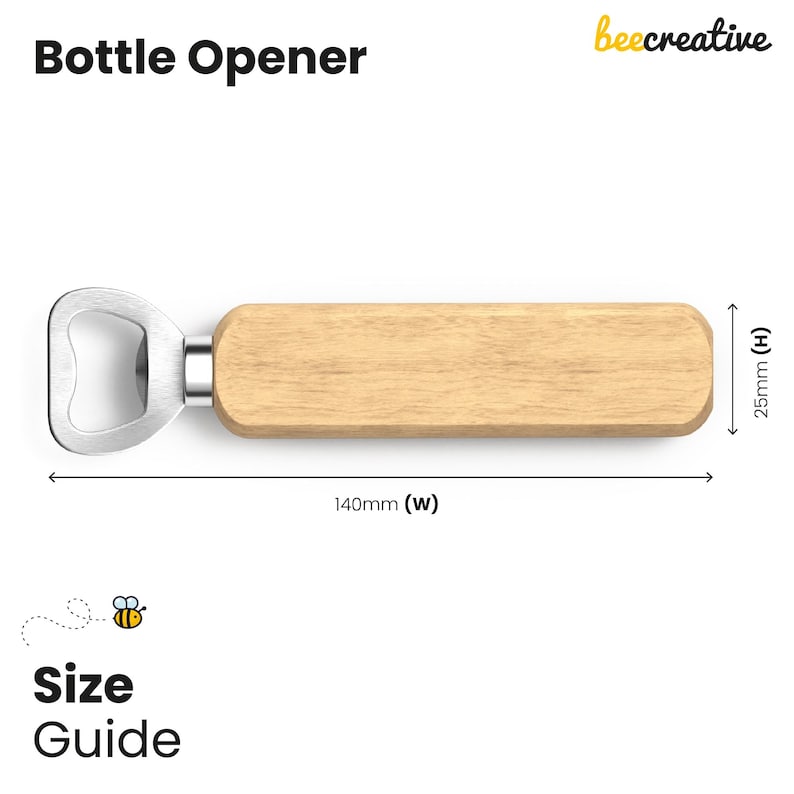 Puede incluir: Un abridor de botellas con cabezal de acero inoxidable y mango de madera marr&oacute;n claro. El mango mide 140 mm de largo y 25 mm de alto. Las palabras "Bottle Opener" est&aacute;n impresas en la parte superior. La imagen tambi&eacute;n incluye una gu&iacute;a de tallas.