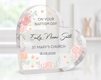 Personalised Baptism Gifts for Girls, Adult | Baptised Clear Acrylic Heart Ornament With Grey Bag
