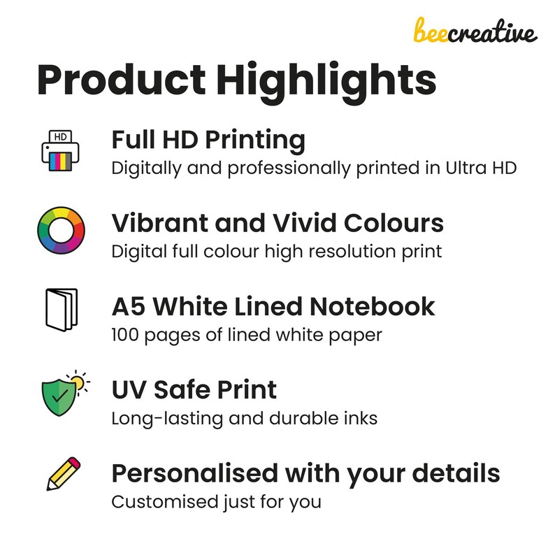 May include: An informational graphic titled Product Highlights by beecreative. It lists features including Full HD Printing, Vibrant and Vivid Colours, an A5 White Lined Notebook with 100 pages, UV Safe Print with durable inks, and personalization options.