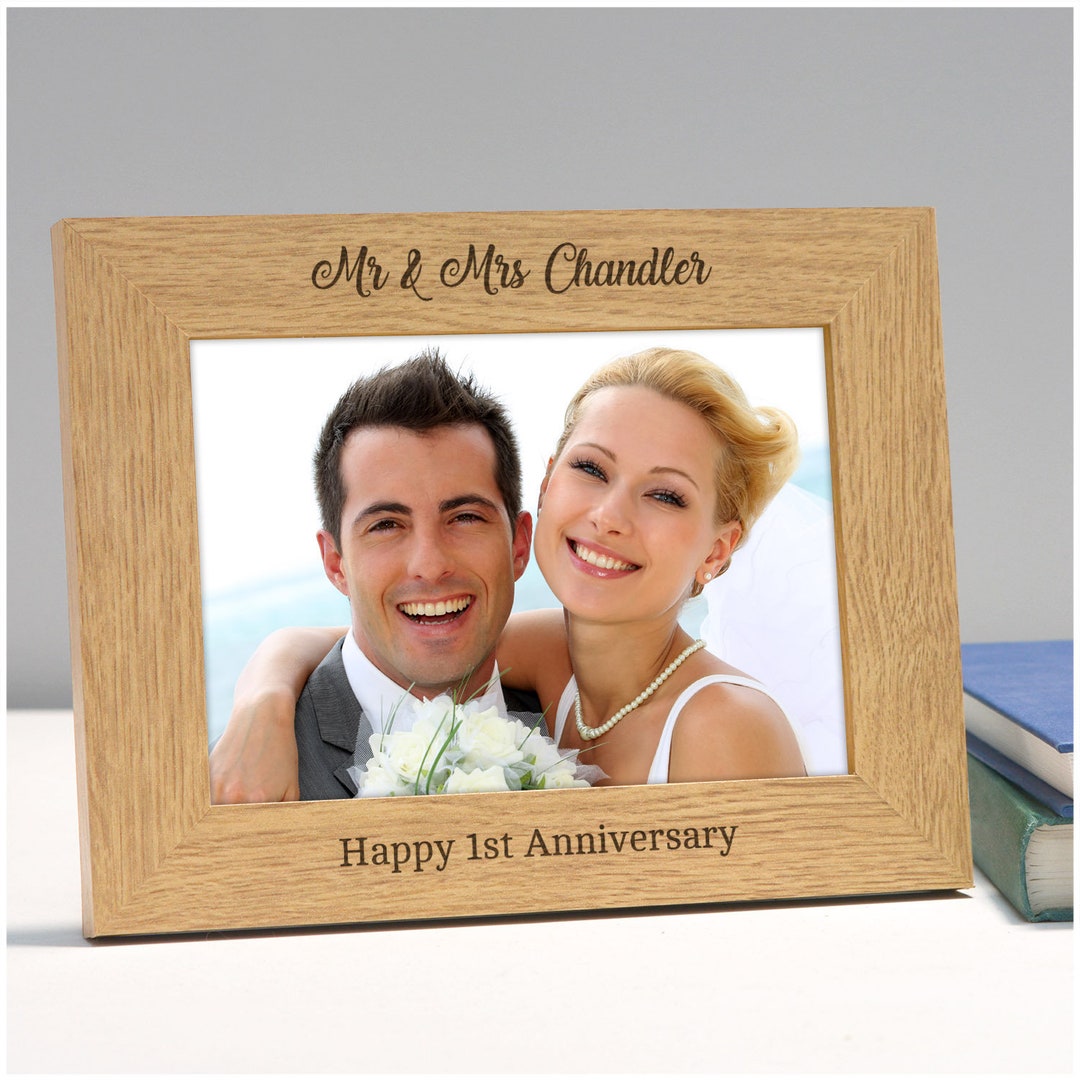 First Anniversary Frame, Personalised Mr and Mrs Wooden Photo