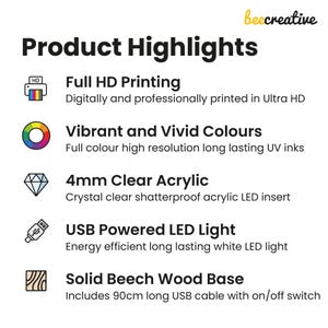 May include: White graphic with the text "Product Highlights" and icons describing product features. Includes "Full HD Printing", "Vibrant and Vivid Colours", "4mm Clear Acrylic", "USB Powered LED Light", and "Solid Beech Wood Base".