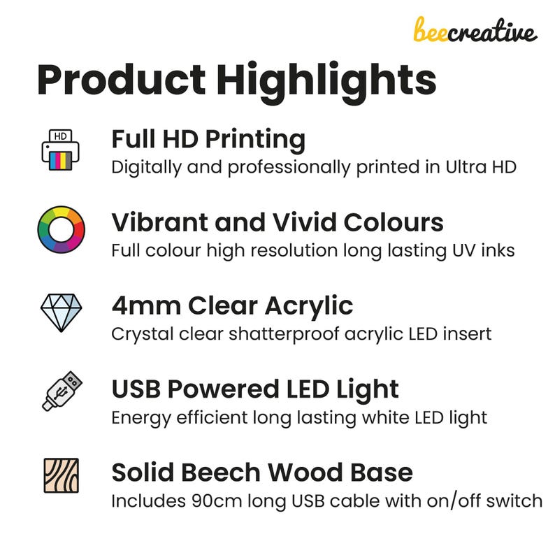 May include: White graphic with the text "Product Highlights" and icons describing product features. Includes "Full HD Printing", "Vibrant and Vivid Colours", "4mm Clear Acrylic", "USB Powered LED Light", and "Solid Beech Wood Base".