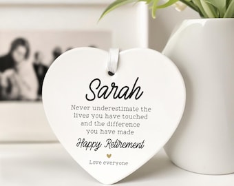 Personalised Retirement Gifts For Women, Ceramic Hanging Heart Ornament With Gift Bag
