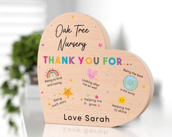 Personalised Nursery Thank You Gift, Beech Wood Heart Ornament With Grey Bag