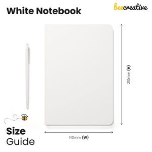 a white notebook with a pen next to it, along with a size guide indicating the dimensions of the notebook.