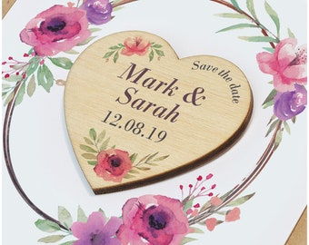 Wooden Save The Date Magnets - Personalised Rustic Wedding Save The Date Fridge Magnet Cards - Floral Spring Summer Wedding Invitation