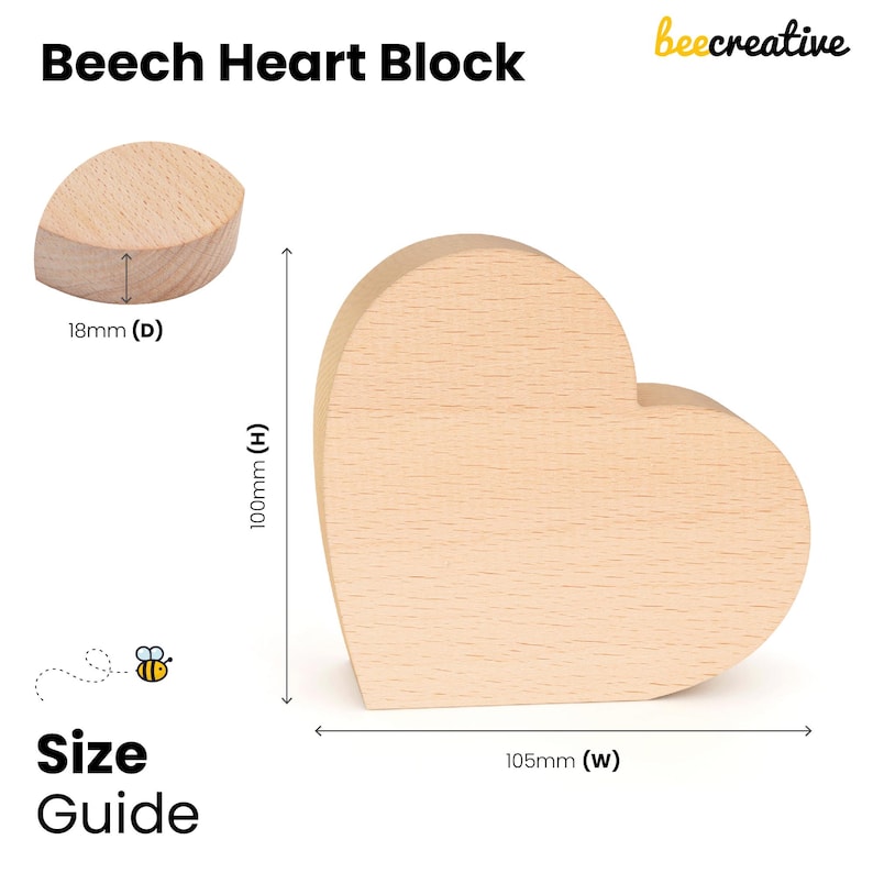 K&ouml;nnte beinhalten: Ein Buchenherzblock mit den Ma&szlig;en 100 mm (H) x 105 mm (B) x 18 mm (T). Das Bild enth&auml;lt eine Gr&ouml;&szlig;enangabe und den Text "Beech Heart Block". Das Produkt besteht aus hellem Holz.