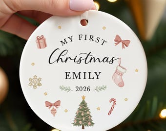 Personalised Baby's First Christmas Ornament, Baby Girl 1st Xmas Bauble With Red Bag