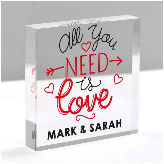 All You Need Is Love Gifts for Couples - Gifts for Boyfriend Girlfriend -  Personalised Valentines Gifts Him Her - Clear Blocks With Grey Bag