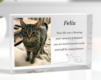 Cat Memorial Photo Gift; Personalised Clear Acrylic Keepsake With White Gift Bag