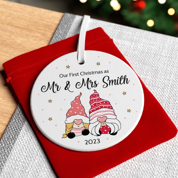 First Christmas Married Bauble, Ceramic Xmas Tree Decoration, Gonk Couple Christmas Keepsake, Gnome First Christmas Mr & Mrs