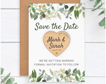 Greenery Wedding Save The Date Magnets - Personalised Rustic Wooden Save The Date Magnet - Spring Summer Eucalyptus Boho Save The Date Cards