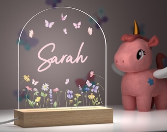 Personalised Girls Bedroom Decor Flower Butterfly Light; LED Night Lamp With Any Name
