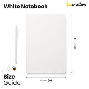 a white notebook with a pen next to it, along with a size guide indicating the dimensions of the notebook.