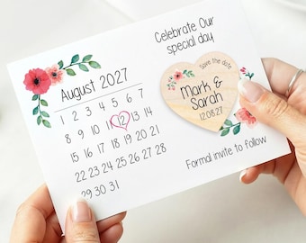Personalised Save The Date Magnet | Floral Save The Dates Wooden Heart With Calendar