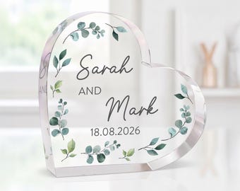 Personalised Wedding Gifts For Couples, Acrylic Heart Ornament With Grey Bag