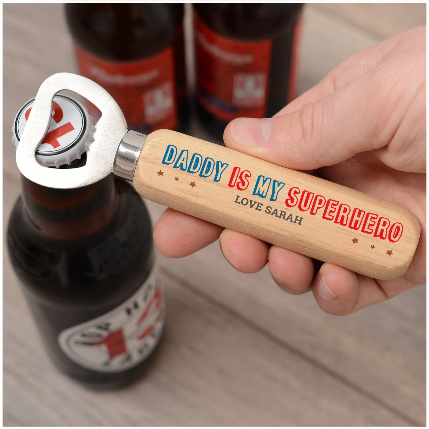 Wooden Beer Bottle Opener Gifts for Daddy Dad Grandad Uncle Stepdad Fathers Day Gifts From Son Daughter PERSONALISED Daddy Is My Superhero Gifts New Dad 1st First Fathers Day ANY NAME 