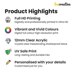 Puede incluir: Gr&aacute;fico blanco con el texto "Product Highlights" e iconos. Incluye impresi&oacute;n Full HD, colores vibrantes, acr&iacute;lico transparente de 12 mm, impresi&oacute;n resistente a los rayos UV y detalles personalizados.