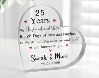 25th Anniversary Present, Personalised 25th Wedding Anniversary Gift Parents Mum and Dad, 25, Silver Wedding, Acrylic Heart With Grey Bag