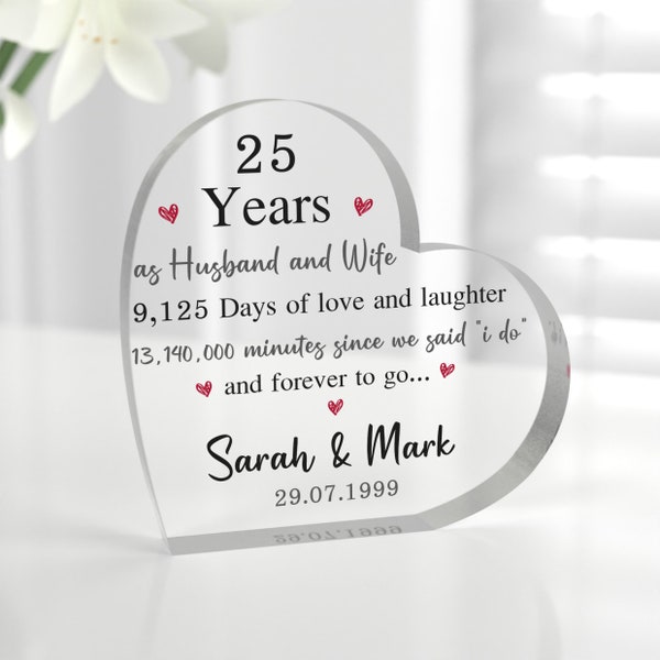 25th Anniversary Present, Personalised 25th Wedding Anniversary Gift Parents Mum and Dad, 25, Silver Wedding, Acrylic Heart With Grey Bag