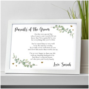 Personalised Mother Parents Of The Groom Poem Gift, Eucalyptus Greenery Botanical Wedding Gift, Gift From The Bride, Parents Of Groom Gift