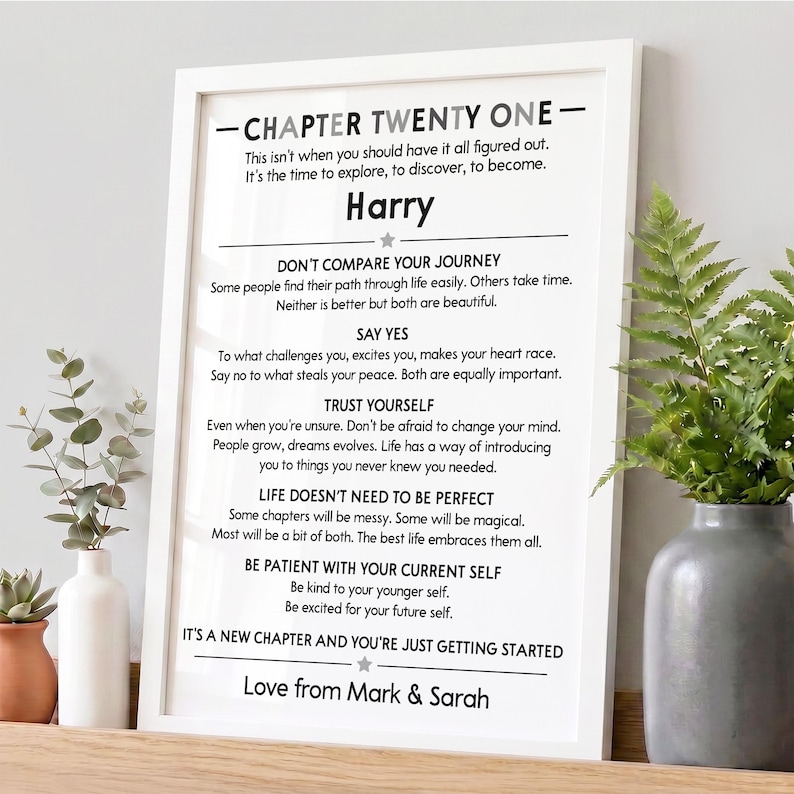 May include: A white framed wall art print featuring black text titled CHAPTER TWENTY ONE. The text includes personalized advice for Harry, ending with Love from Mark & Sarah. The design uses a clean, modern font with star accents.