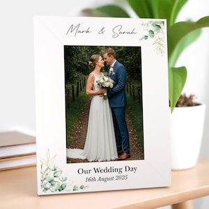 Personalised Wedding Photo Frame Gift, Eucalyptus Style Printed White Frame