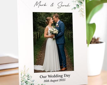 Personalised Wedding Photo Frame Gift, Eucalyptus Style Printed White Frame