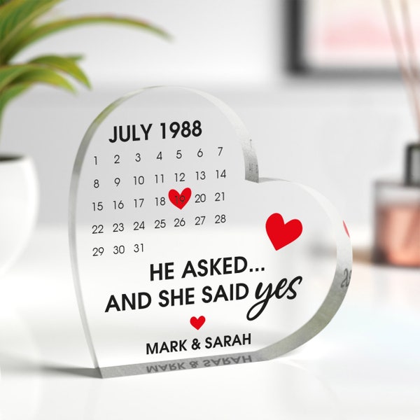 He Asked She Said Yes Engagement Gift, Personalised Engagement Date Gifts Couples Fiance, Engagement Date Calendar Keepsake, With Grey Bag