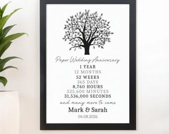 Personalised 1st Paper Wedding Anniversary Gift, A5 A4 Print Wooden Frame