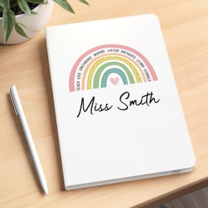 Rainbow Teacher Notebook, Personalised Teachers A5 White Notebook & Pen image 2