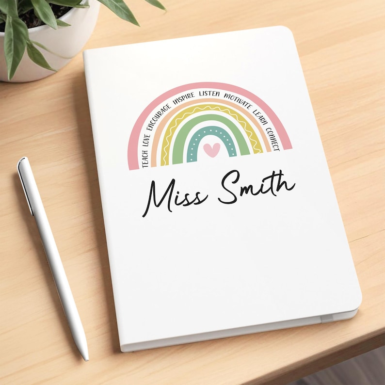 Rainbow Teacher Notebook, Personalised Teachers A5 White Notebook & Pen image 2