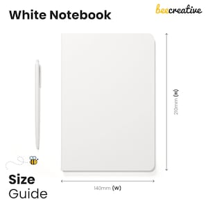 a white notebook with a pen next to it, along with a size guide indicating the dimensions of the notebook.