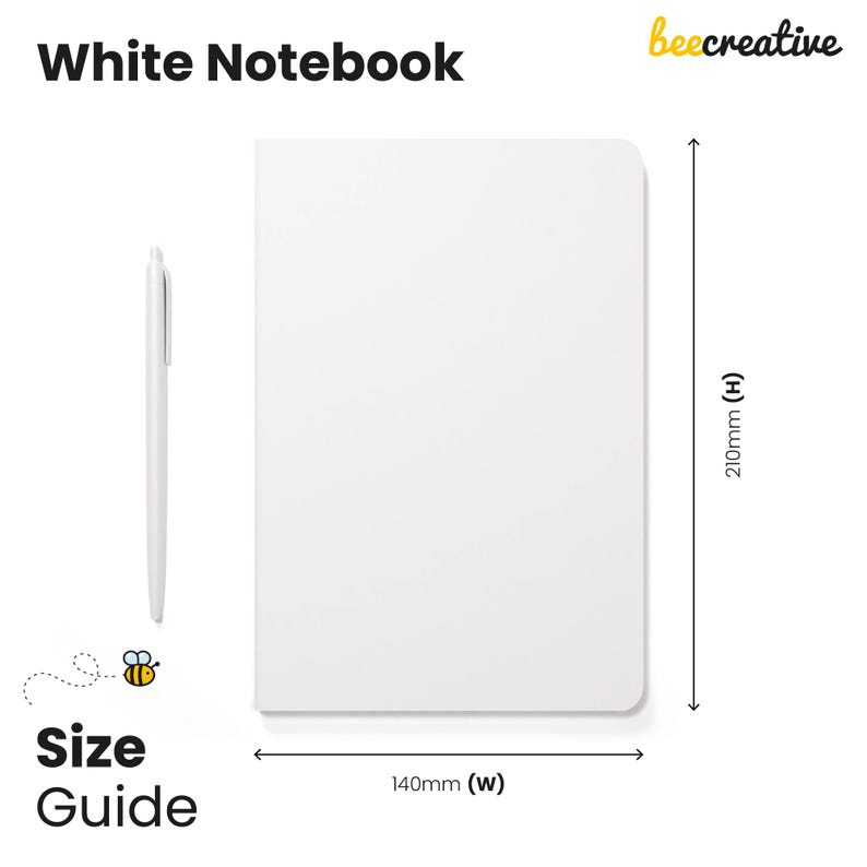 a white notebook with a pen next to it, along with a size guide indicating the dimensions of the notebook.